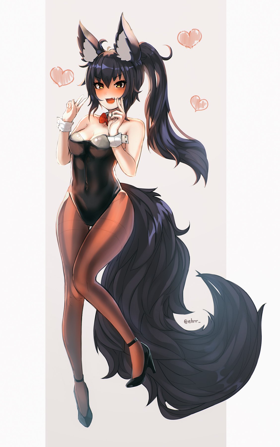 1girl animal_ears bare_shoulders black_footwear black_hair black_leotard blush bow bowtie brown_eyes brown_legwear detached_collar double_v ehrrr fang fox_ears fox_tail full_body heart high_heels highres leotard long_hair open_mouth original pantyhose playboy_bunny_leotard ponytail red_neckwear solo standing strapless strapless_leotard tail v wavy_mouth wrist_cuffs