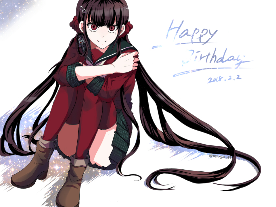 1girl 2018 black_skirt boots brown_footwear brown_hair dangan_ronpa dated floating_hair full_body hair_ornament happy_birthday harukawa_maki long_hair looking_at_viewer miniskirt mole mole_under_eye neckerchief new_dangan_ronpa_v3 nyangorobei pleated_skirt red_eyes red_legwear red_shirt sailor_collar school_uniform serafuku shirt sitting skirt smile solo thigh-highs twintails very_long_hair white_background white_neckwear zettai_ryouiki