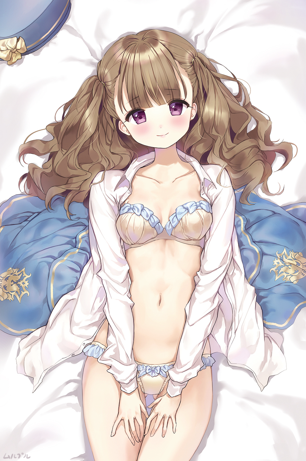 1girl ass_visible_through_thighs bangs bed_sheet beret blue_hat blush bow bow_bra bow_panties bra breasts brown_bra brown_hair brown_panties closed_mouth collarbone collared_shirt cowboy_shot dakimakura dress_shirt eyebrows_visible_through_hair frilled_bow frilled_panties frills hat hat_removed head_tilt headwear_removed highres long_hair long_sleeves lying mullpull navel on_back open_clothes open_shirt original panties shirt small_breasts smile solo underwear violet_eyes white_shirt