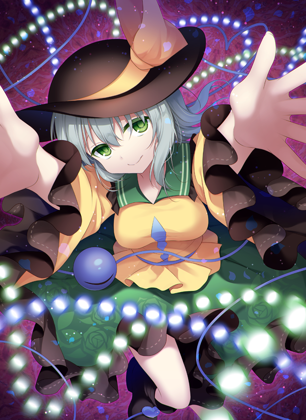 1girl bangs black_footwear black_hat boots bow breasts colored_eyelashes commentary_request danmaku feet_out_of_frame floral_print foreshortening frilled_shirt_collar frilled_sleeves frills green_eyes green_hair green_skirt hair_between_eyes hat hat_bow head_tilt heart heart_of_string komeiji_koishi long_sleeves looking_at_viewer medium_breasts outstretched_arms petals petticoat purple_background reaching_out shikitani_asuka shirt skirt smile solo third_eye touhou wide_sleeves yellow_bow yellow_shirt