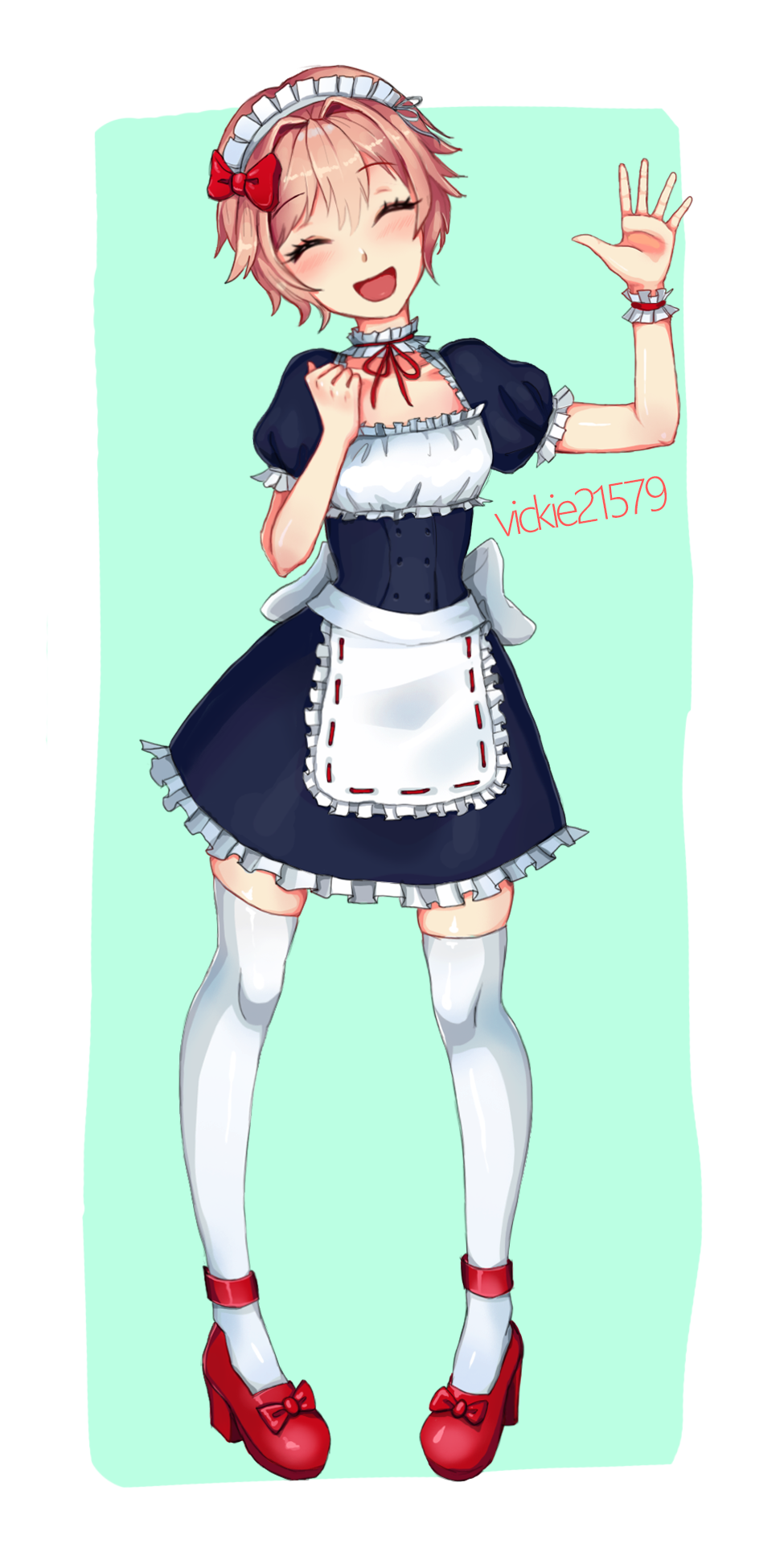 1girl :d ^_^ alternate_costume bow closed_eyes closed_eyes commentary cryingrobot doki_doki_literature_club english_commentary enmaided facing_viewer full_body green_background hair_bow hand_up high_heels highres maid maid_headdress open_mouth pink_hair puffy_short_sleeves puffy_sleeves red_bow sayori_(doki_doki_literature_club) short_hair short_sleeves simple_background smile solo thigh-highs waving white_legwear wrist_cuffs zettai_ryouiki