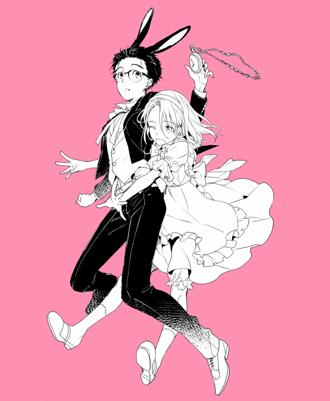 2boys ;d alice_(wonderland) alice_(wonderland)_(cosplay) alice_in_wonderland animal_ears apron bloomers bunny_tail child cosplay crossdressinging dress glasses hair_slicked_back hug hug_from_behind katsuki_yuuri kuroemon male_focus monochrome multiple_boys one_eye_closed open_mouth otoko_no_ko pink_background pocket_watch rabbit_ears smile tail time_paradox underwear viktor_nikiforov waistcoat watch white_rabbit white_rabbit_(cosplay) younger yuri!!!_on_ice