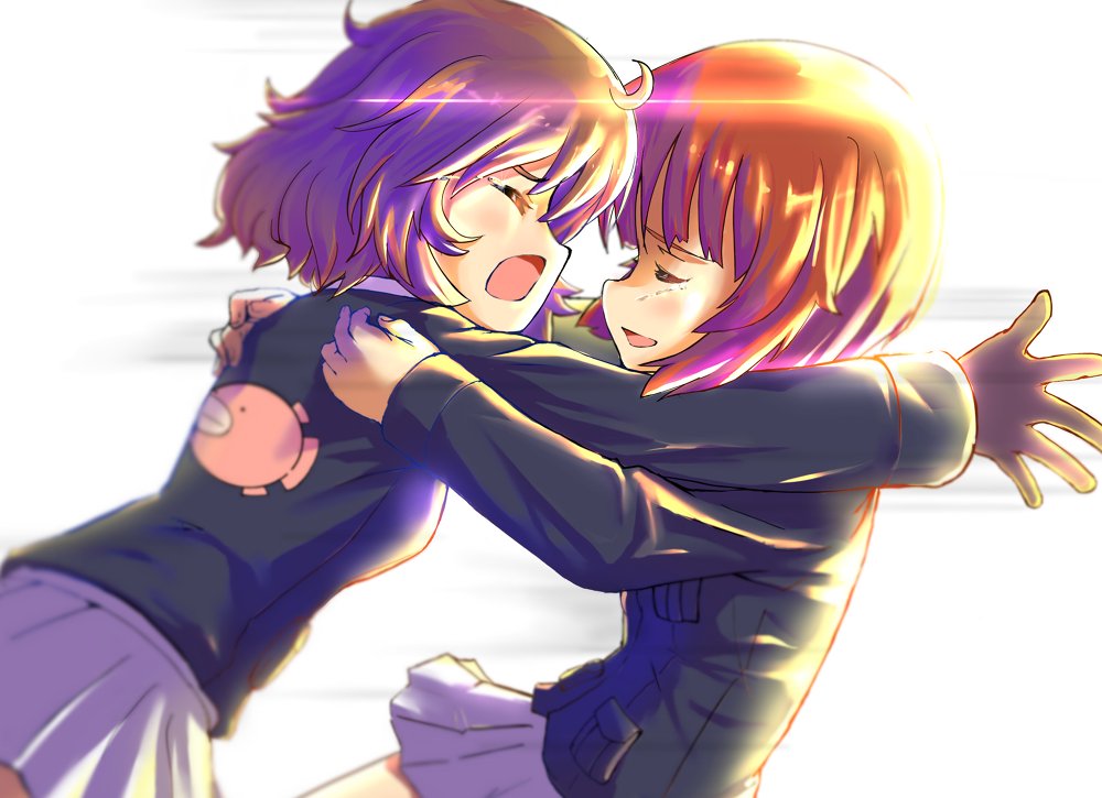 2girls akiyama_yukari anglerfish backlighting bangs blue_jacket brown_eyes brown_hair buchikaki closed_eyes commentary cowboy_shot emblem from_side frown girls_und_panzer happy hug jacket long_sleeves messy_hair military military_uniform miniskirt motion_blur multiple_girls nishizumi_miho ooarai_military_uniform open_mouth pleated_skirt short_hair skirt smile standing uniform white_skirt