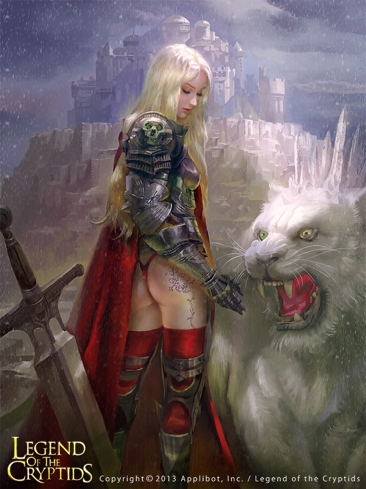 1girl armor armored_boots back blonde_hair boots cape closed_eyes copyright_name fangs gloves ice legend_of_the_cryptids long_hair official_art open_mouth snow solo sword tattoo teiiku_(artist) thong tiger weapon