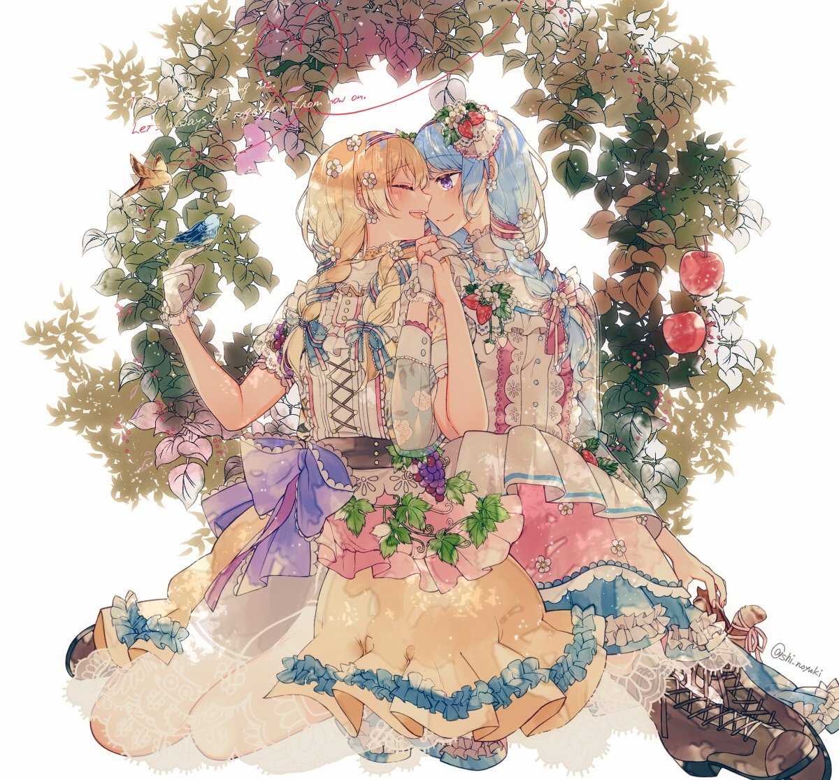 2girls :d alternate_hairstyle apple bang_dream! bangs bird bird_on_finger blonde_hair blue_hair bluebird boots bow braid chipmunk closed_eyes commentary_request cross-laced_clothes cross-laced_footwear dress eyebrows_visible_through_hair face-to-face flower food food_themed_hair_ornament frills fruit gloves grape_vine grapes hair_flower hair_ornament hair_ribbon hairband hand_holding hands_up heart heart_of_string long_hair long_sleeves matsubara_kanon multiple_girls open_mouth plant purple_bow ribbon shi_noyuki shirasagi_chisato single_braid single_glove sitting smile squirrel strawberry strawberry_hair_ornament twin_braids twitter_username vines violet_eyes white_gloves wreath yuri