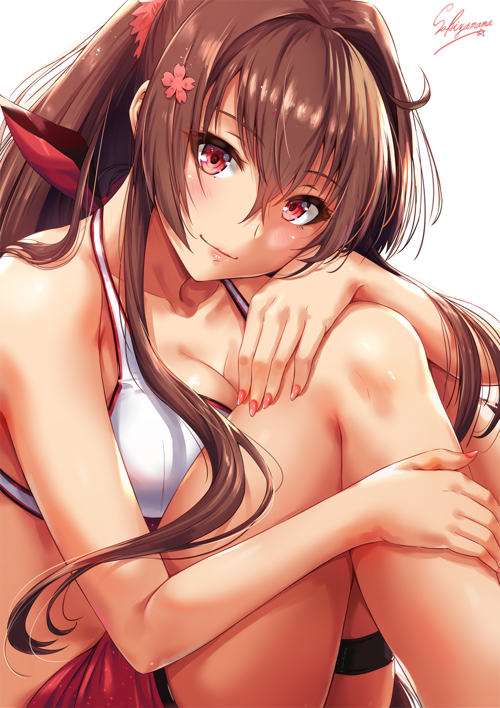 1girl artist_name bikini blush breasts brown_hair cleavage closed_mouth collarbone flower hair_between_eyes hair_flower hair_intakes hair_ornament hand_on_own_knee highres kantai_collection knees_up large_breasts lips long_hair looking_at_viewer nail_polish red_nails sakiyamama sarong sidelocks simple_background smile solo swimsuit thigh_strap very_long_hair violet_eyes white_background white_bikini yamato_(kantai_collection)