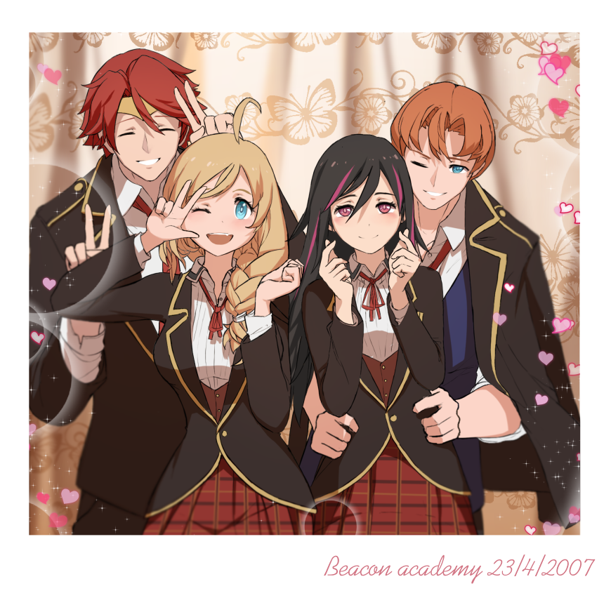 2boys 2girls ahoge closed_eyes dishwasher1910 genderswap genderswap_(ftm) genderswap_(mtf) hug hug_from_behind jacket_on_shoulders jaune_arc lie_ren multiple_boys multiple_girls nora_valkyrie one_eye_closed photo pyrrha_nikos rwby school_uniform smile v