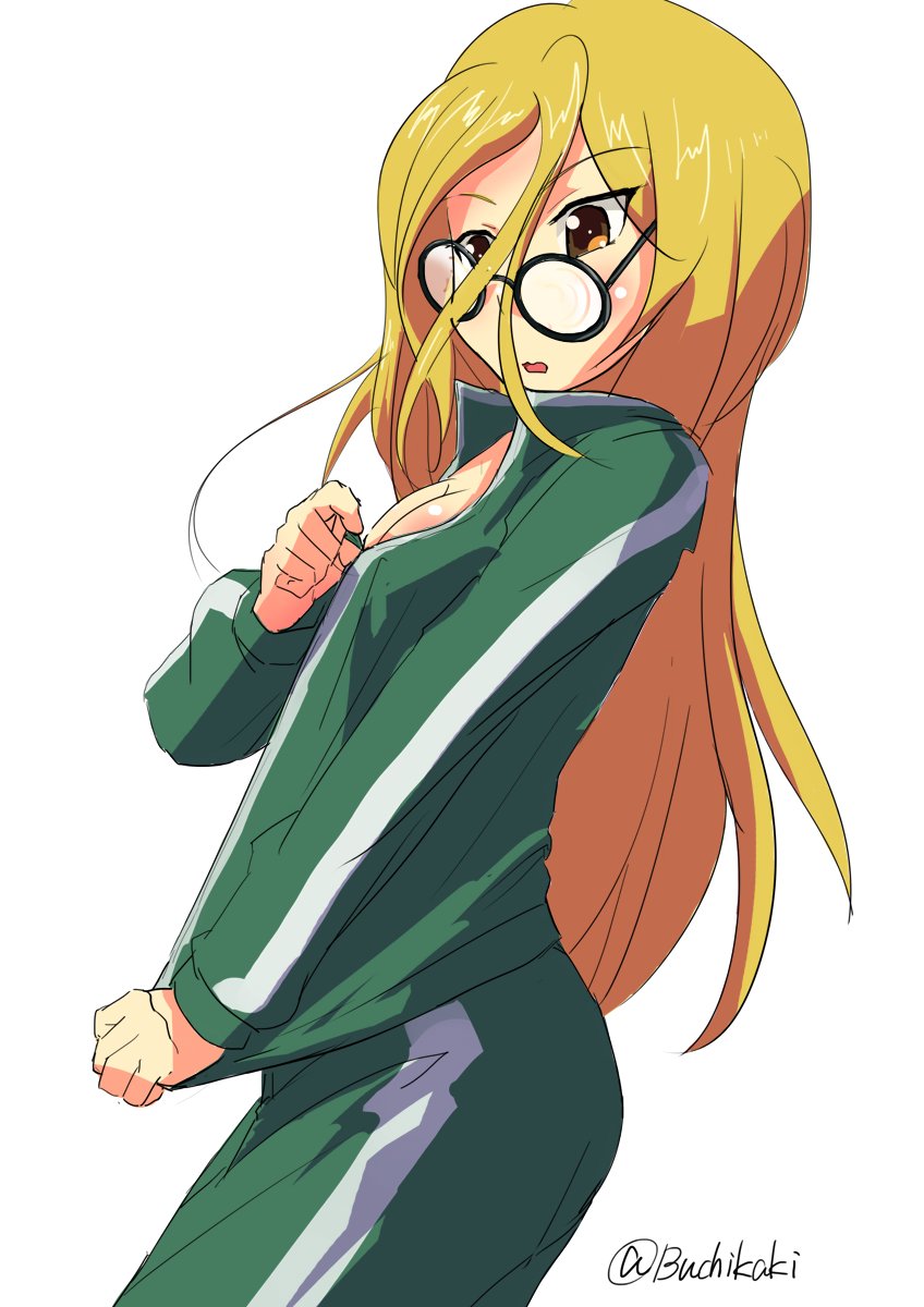 1girl alternate_costume black-framed_eyewear blonde_hair breasts brown_eyes buchikaki cleavage coke-bottle_glasses commentary cowboy_shot eyebrows_visible_through_hair eyewear_slip from_side girls_und_panzer glasses green_jacket green_panties gym_uniform hair_between_eyes highres jacket jacket_tug light_frown long_hair long_sleeves medium_breasts nekonyaa open_mouth panties pants round_eyewear simple_background single_vertical_stripe solo standing track_jacket track_pants twitter_username underwear white_background zipping