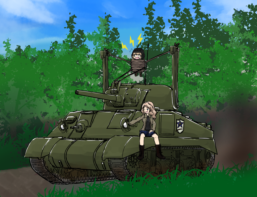 2girls caterpillar_tracks clouds day emblem girls_und_panzer grass ground_vehicle katyusha kay_(girls_und_panzer) kide_koushin long_hair m4_sherman military military_vehicle motor_vehicle multiple_girls one_eye_closed pravda_military_uniform saunders_(emblem) saunders_military_uniform sky smile smoke tank tree