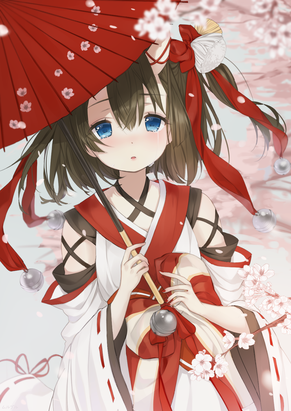 1girl bangs bell blue_eyes blue_sky blurry blurry_foreground blush bow brown_hair cherry_blossoms commentary_request crying crying_with_eyes_open day depth_of_field eyebrows_visible_through_hair fingernails flower hair_between_eyes hair_bow hair_ornament highres holding holding_umbrella horns japanese_clothes jingle_bell kimono long_sleeves looking_at_viewer mullpull nail_polish one_side_up oni oni_horns oriental_umbrella original outdoors parted_lips pink_flower red_bow red_nails red_ribbon red_umbrella ribbon ribbon-trimmed_sleeves ribbon_trim short_hair sky solo tears tree_branch umbrella white_kimono wide_sleeves