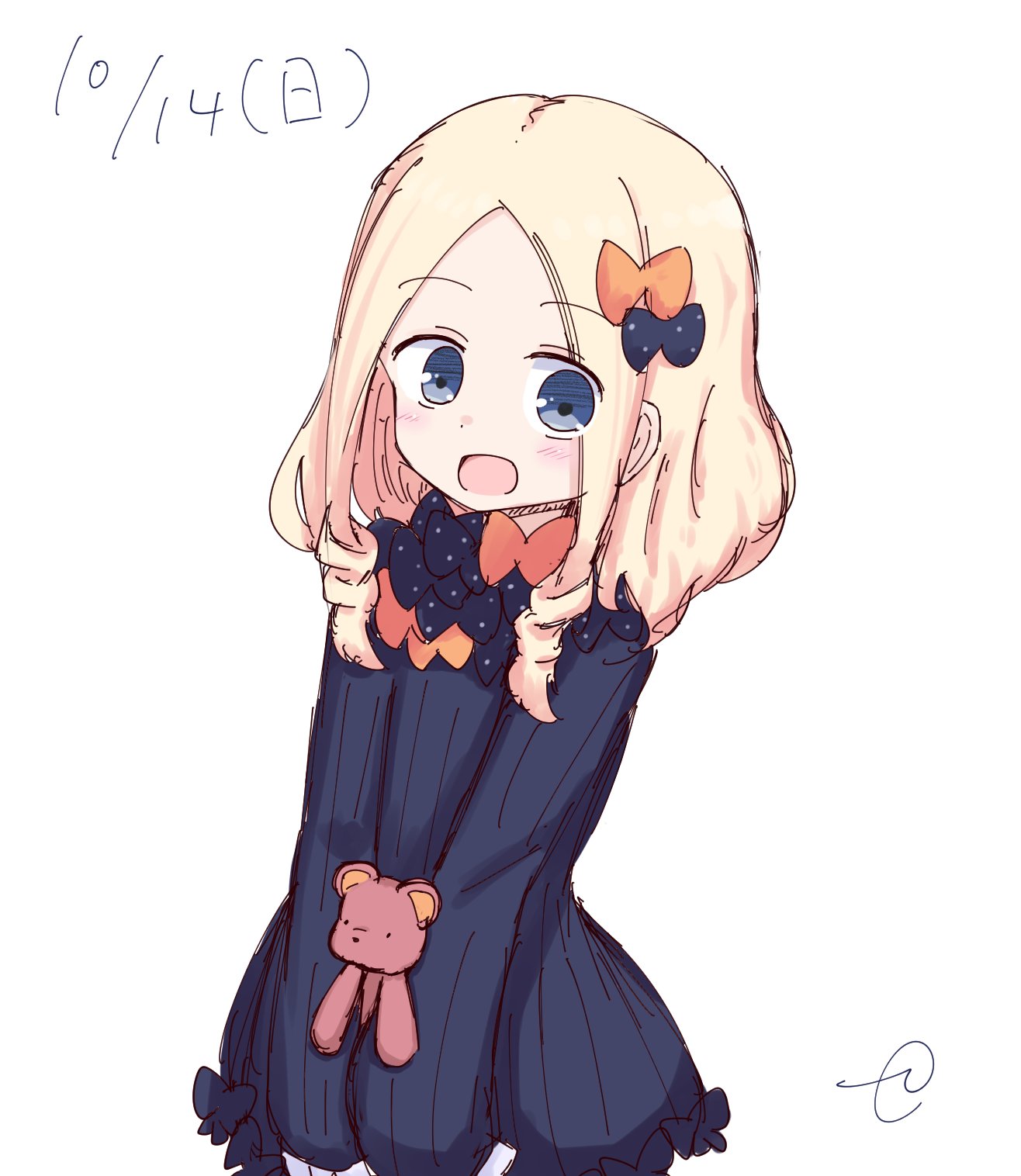 1girl :d abigail_williams_(fate/grand_order) alternate_hair_length alternate_hairstyle bangs black_bow black_dress blonde_hair blue_eyes blush bow bug butterfly commentary_request dated dress eyebrows_visible_through_hair fate/grand_order fate_(series) forehead hair_bow highres insect kujou_karasuma long_hair long_sleeves looking_at_viewer no_hat no_headwear object_hug open_mouth orange_bow parted_bangs polka_dot polka_dot_bow signature simple_background sleeves_past_fingers sleeves_past_wrists smile solo stuffed_animal stuffed_toy teddy_bear v_arms white_background