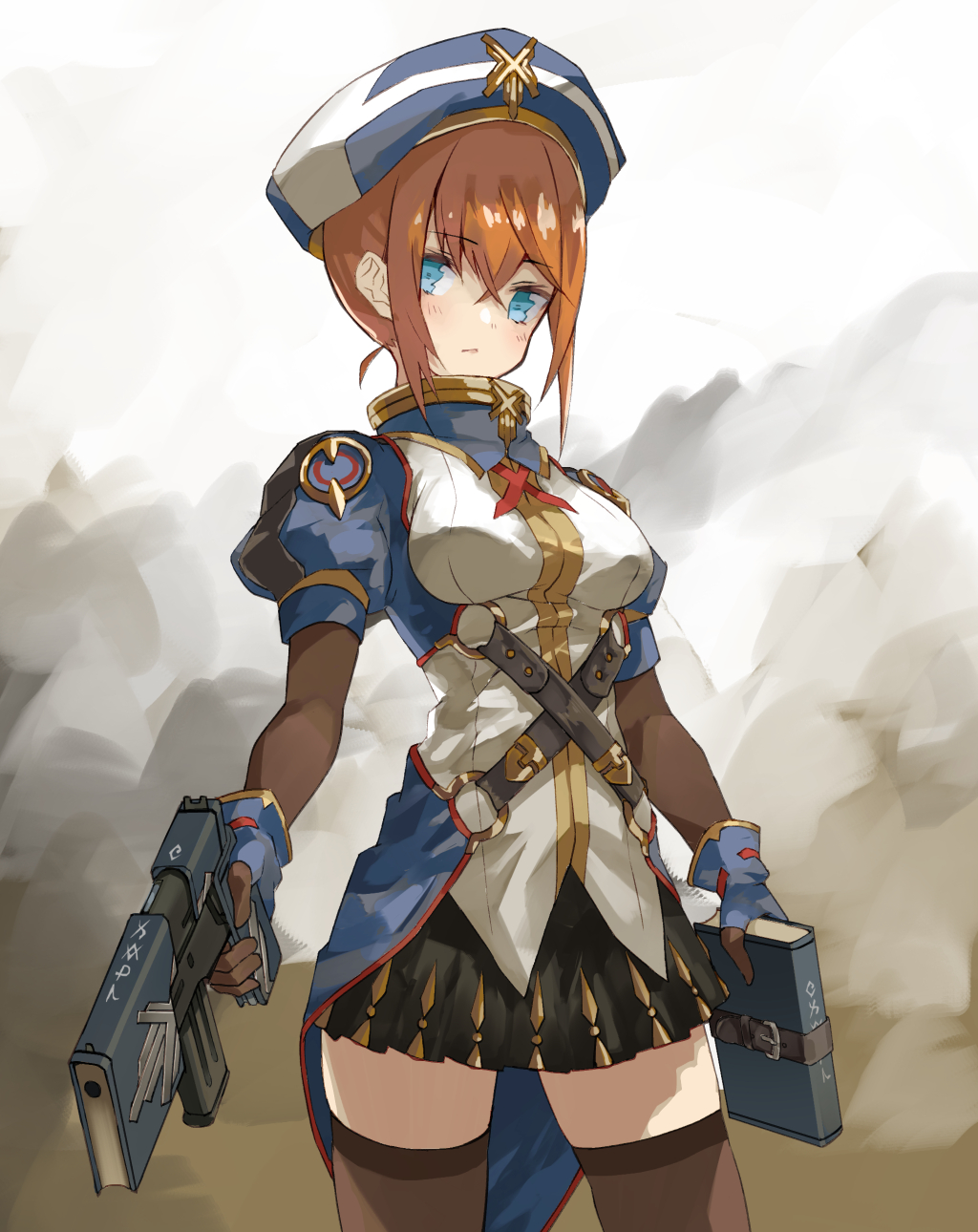 1girl bangs black_skirt blue_eyes blue_gloves blue_hat blush book breasts brown_hair brown_legwear closed_mouth commentary_request cowboy_shot crossed_belts eyebrows_visible_through_hair gloves gun hair_between_eyes handgun hat highres holding holding_book holding_gun holding_weapon looking_at_viewer medium_breasts nuqura o-ring original puffy_short_sleeves puffy_sleeves shirt short_sleeves sidelocks skirt smoke solo standing thigh-highs weapon weapon_request white_shirt