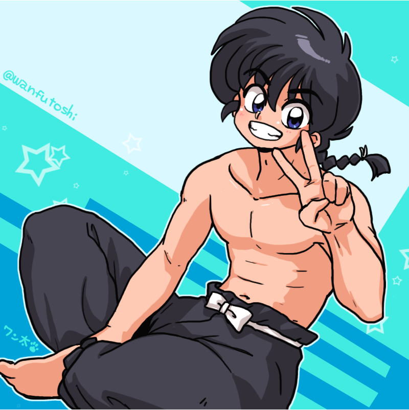 1boy bangs barefoot blue_eyes braid chest collarbone dutch_angle eyebrows_visible_through_hair grin hair_between_eyes hand_up long_hair looking_at_viewer male_focus navel pants pectorals ranma_1/2 saotome_ranma shirtless single_braid sitting smile solo stomach toned toned_male twitter_username v wanta_(futoshi)