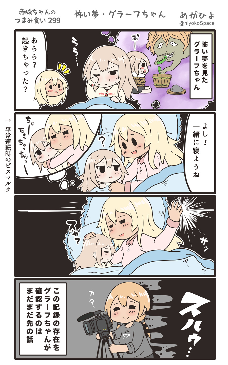 3girls 4koma :d ? alternate_costume bismarck_(kantai_collection) blonde_hair camera comic commentary_request cucumber graf_zeppelin_(kantai_collection) grey_shirt hair_between_eyes highres kantai_collection long_hair long_sleeves low_twintails megahiyo multiple_girls no_hat no_headwear open_mouth pajamas pillow prinz_eugen_(kantai_collection) shirt smile speech_bubble translation_request twintails twitter_username youkai