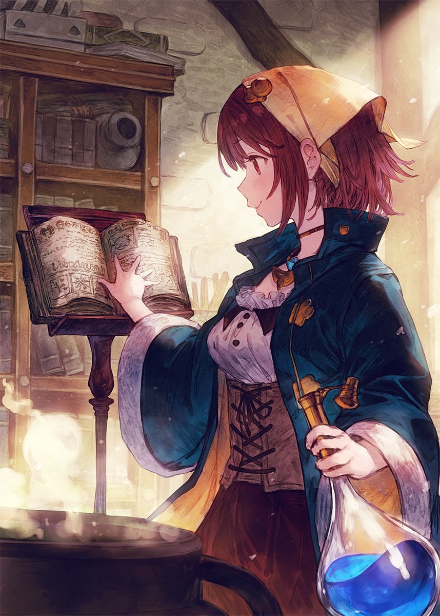 1girl atelier_(series) atelier_sophie bangs benitama blue_cloak blue_coat boiling book book_stand bookshelf breasts brown_eyes commentary_request flask frills hair_ornament hat highres holding holding_flask indoors jewelry liquid medium_breasts necklace open_book pot reading redhead round-bottom_flask short_hair smile solo sophie_neuenmuller standing wide_sleeves