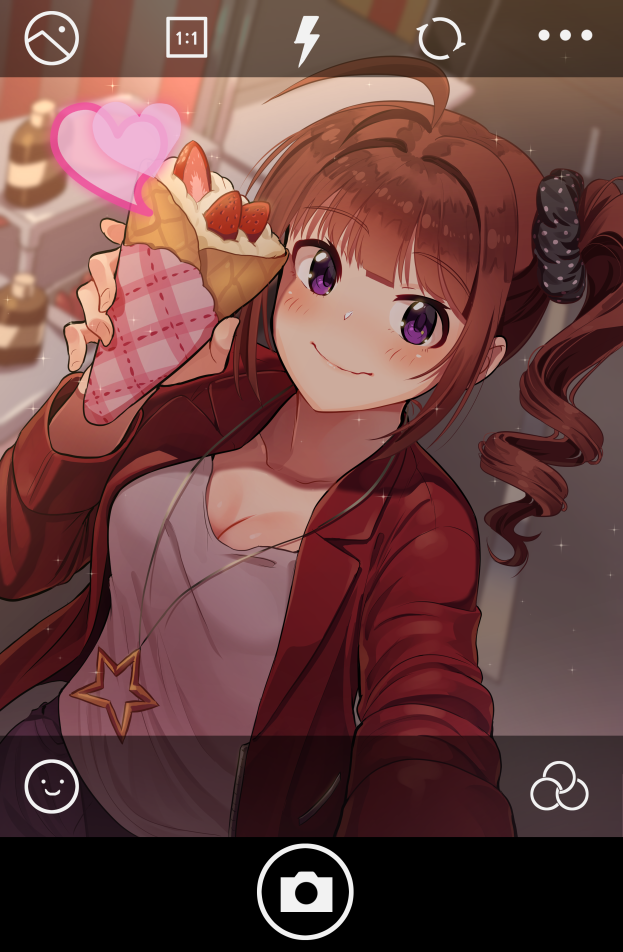 1girl blurry blurry_background blush bottle bow breasts brown_hair casual cleavage closed_mouth collarbone commentary_request depth_of_field drill_hair dutch_angle eyebrows_visible_through_hair food fruit grey_shirt hair_ornament hair_scrunchie hand_up heart holding holding_food idolmaster idolmaster_million_live! jacket jewelry kamille_(vcx68) long_hair long_sleeves looking_at_viewer medium_breasts necklace one_side_up open_clothes open_jacket outdoors outstretched_arm pendant pink_lips polka_dot polka_dot_bow red_jacket scrunchie self_shot shirt sidelocks smile solo sparkle star star_necklace strawberry upper_body violet_eyes wrapper yokoyama_nao