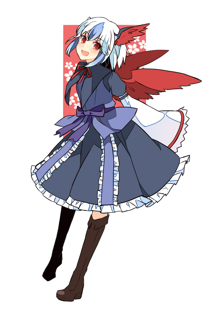 1girl :d bird_wings blue_hair boots dress frilled_dress frills haya_taro_pochi head_wings horns long_sleeves open_mouth short_hair single_head_wing smile tokiko_(touhou) touhou white_hair wide_sleeves wings
