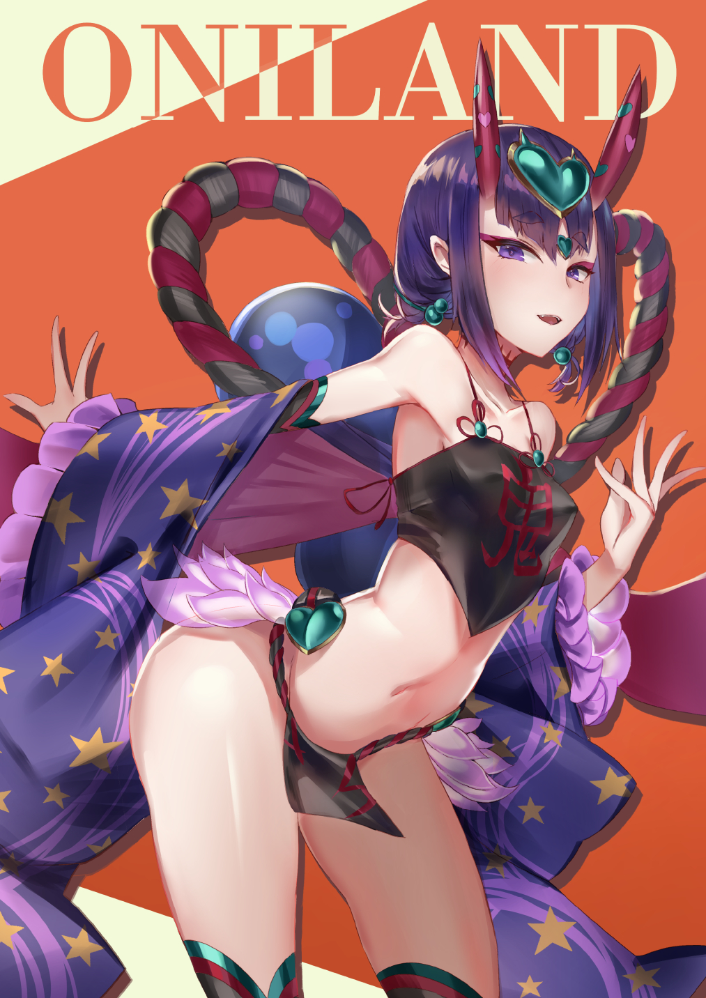 1girl bangs bare_shoulders black_legwear blush breasts collarbone dudou earrings eyeliner fate/grand_order fate_(series) forehead_jewel fundoshi headpiece heart highres hips japanese_clothes jewelry kakumayu looking_at_viewer low_twintails makeup navel oni oni_horns open_mouth pelvic_curtain purple_hair rope sash short_eyebrows short_hair short_twintails shuten_douji_(fate/grand_order) small_breasts smile solo star star_print thighs twintails violet_eyes waist
