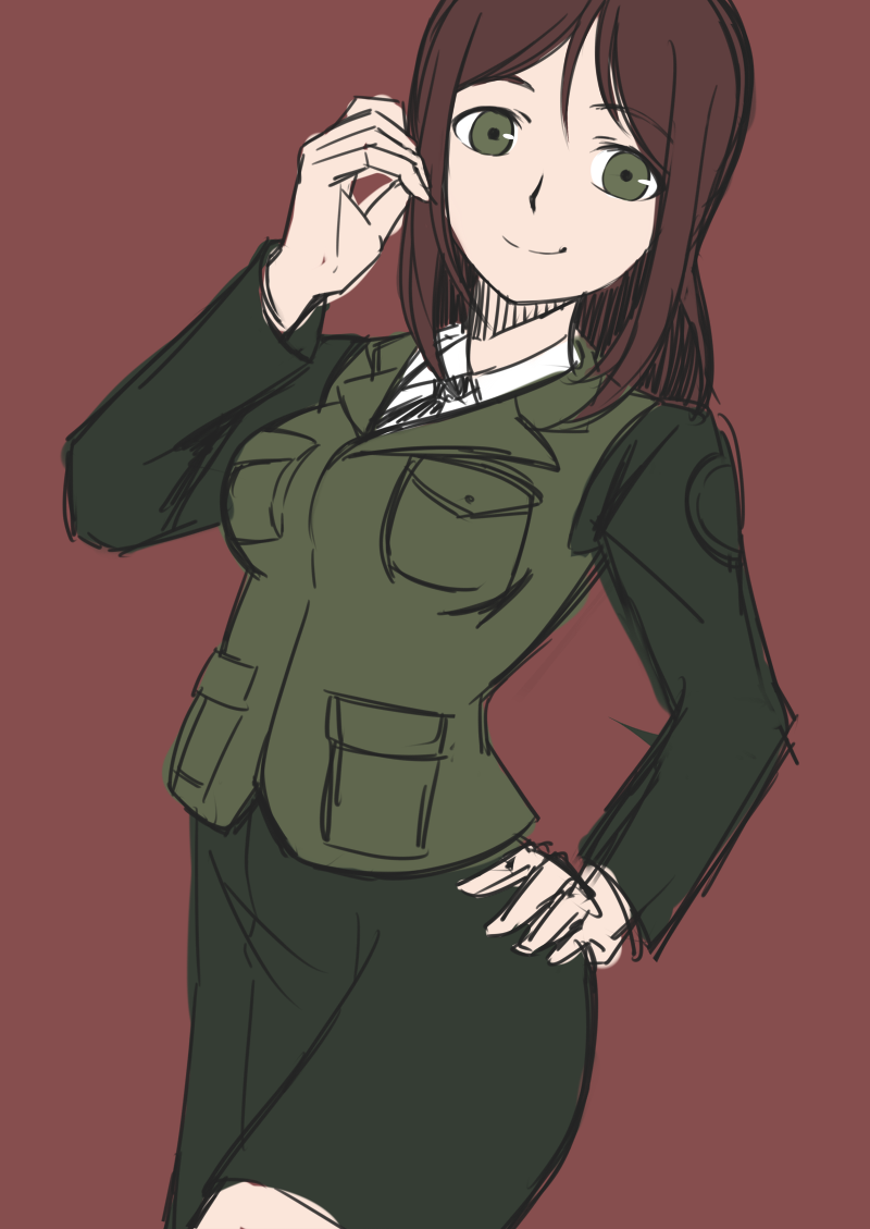 1girl adjusting_hair brown_hair character_request eyebrows_visible_through_hair girls_und_panzer green_eyes hair_between_eyes hand_on_hip kazunoko long_hair looking_at_viewer necktie red_background skirt smile solo vest