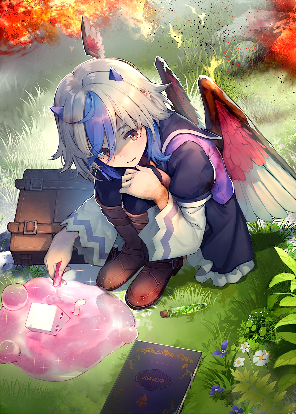 1girl alchemy bird_wings blue_hair boots briefcase commentary_request creature dress eho_(icbm) fire flower frilled_dress frills ghast grass head_wings highres horns light_smile long_sleeves minecraft orange_eyes short_hair single_head_wing slime squatting tokiko_(touhou) touhou vial white_hair wide_sleeves wings