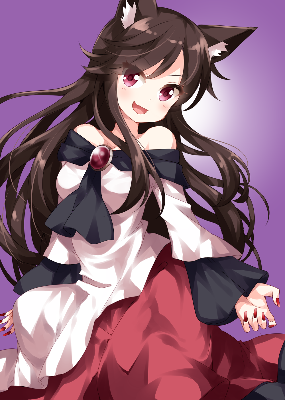 1girl :d animal_ear_fluff animal_ears bangs bare_shoulders breasts brooch brown_hair collarbone commentary_request dress eyebrows_visible_through_hair eyes_visible_through_hair fang feet_out_of_frame gradient gradient_background head_tilt highres imaizumi_kagerou jewelry long_hair long_sleeves looking_at_viewer medium_breasts multicolored multicolored_clothes multicolored_dress nail_polish off-shoulder_dress off_shoulder open_mouth pink_eyes purple_background red_dress red_nails ruu_(tksymkw) sidelocks smile solo touhou v-shaped_eyebrows very_long_hair white_background white_dress wide_sleeves wolf_ears