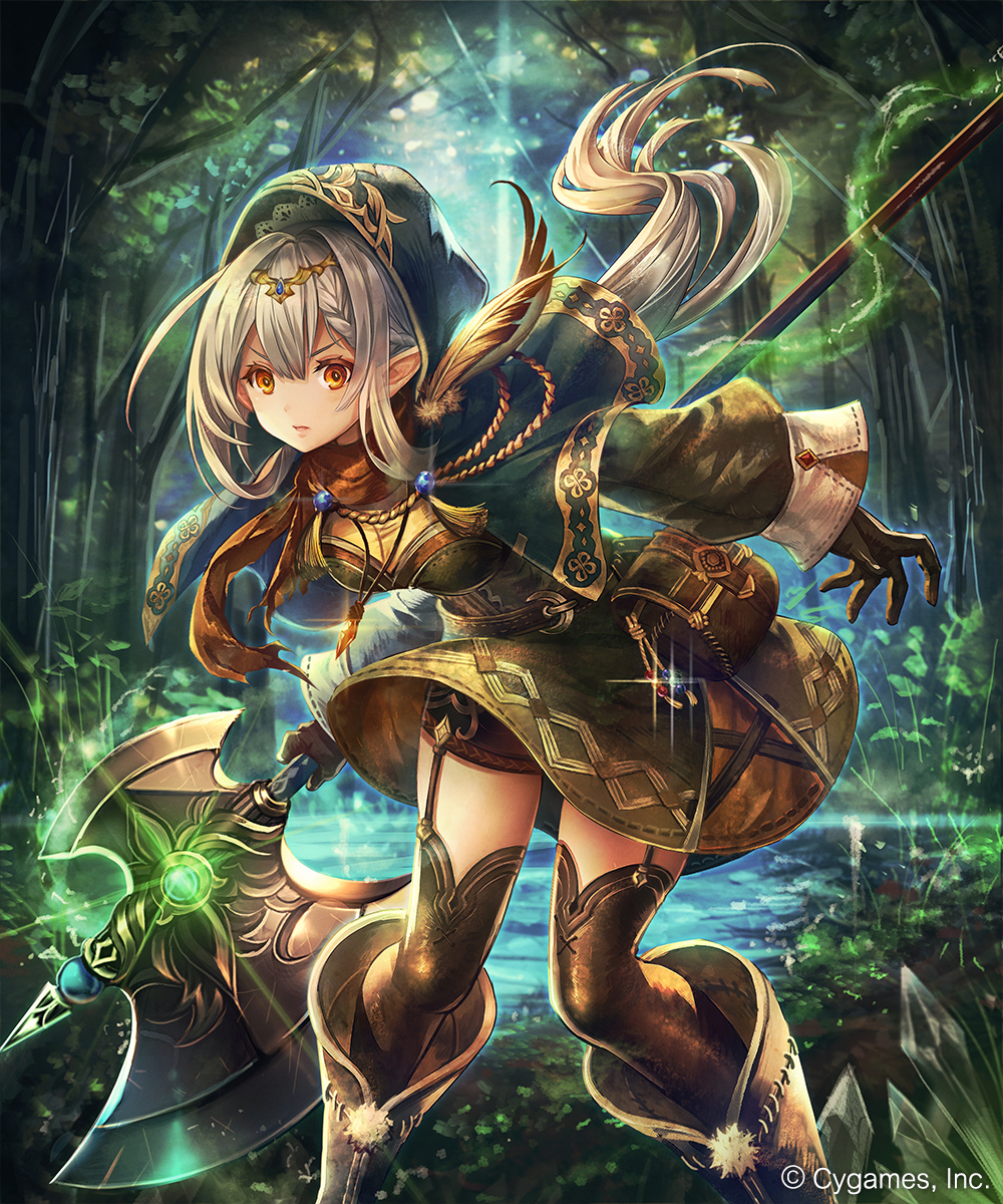 1girl black_gloves black_legwear breasts brown_feathers brown_shorts dress floating_hair forest garter_straps gloves green_dress highres holding holding_weapon leaning_forward long_hair madogawa medium_breasts nature outdoors pointy_ears poleaxe shadowverse short_dress shorts shorts_under_dress silver_hair solo standing thigh-highs tree very_long_hair weapon yellow_eyes