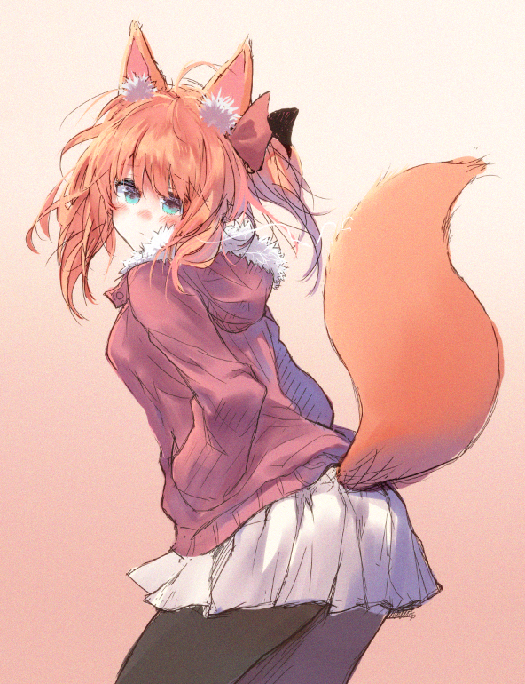 1girl ahoge animal_ear_fluff animal_ears aqua_eyes bangs black_legwear blush commentary_request cowboy_shot eyebrows_visible_through_hair fox_ears fox_girl fox_tail fur-trimmed_jacket fur_trim hair_ribbon hood hood_down hooded_jacket jacket looking_at_viewer looking_back one_side_up orange_hair original pantyhose pink_jacket pleated_skirt red_ribbon ribbon sawaya_(mizukazu) shirt sidelocks skirt solo standing tail tail_raised white_shirt