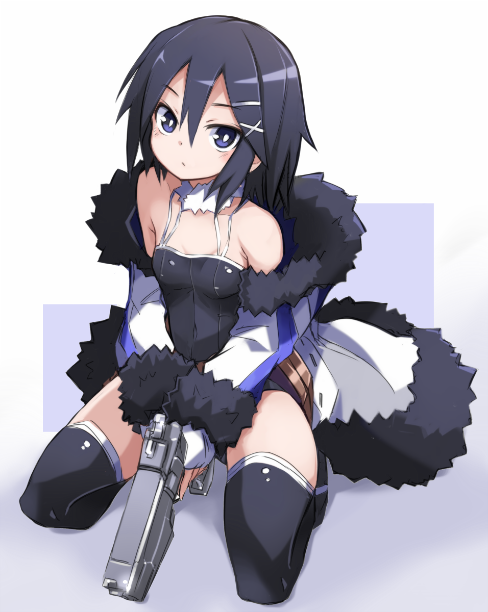 1girl asagiri_asagi bangs bare_shoulders black_camisole black_hair black_legwear black_shorts breasts camisole closed_mouth commentary_request covered_nipples eyebrows_visible_through_hair fingerless_gloves fur-trimmed_jacket fur-trimmed_sleeves fur_collar fur_trim gloves gun hair_between_eyes hair_ornament hairclip handgun highres holding holding_gun holding_weapon jacket karukan_(monjya) kneeling long_hair long_sleeves looking_at_viewer makai_wars off_shoulder open_clothes open_jacket short_shorts shorts sidelocks small_breasts solo thigh-highs two-handed violet_eyes weapon weapon_request white_gloves white_jacket x_hair_ornament