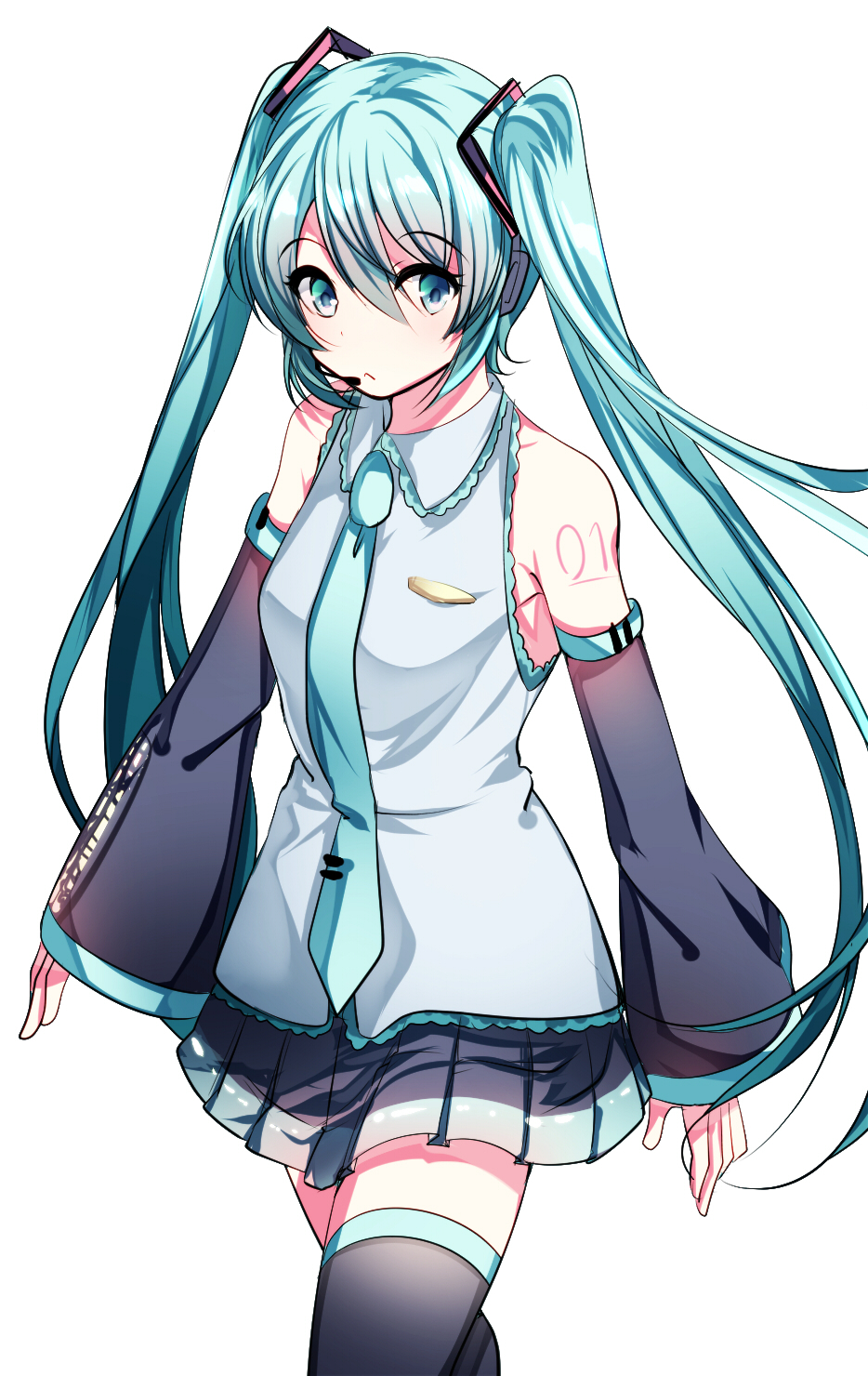 1girl aaru black_legwear black_sleeves blue_eyes blue_hair detached_sleeves eyebrows_visible_through_hair floating_hair grey_shirt hair_between_eyes hair_ornament hatsune_miku highres long_hair looking_at_viewer microphone miniskirt pleated_skirt shiny shiny_hair shirt simple_background skirt sleeveless sleeveless_shirt solo standing thigh-highs twintails very_long_hair vocaloid white_background zettai_ryouiki