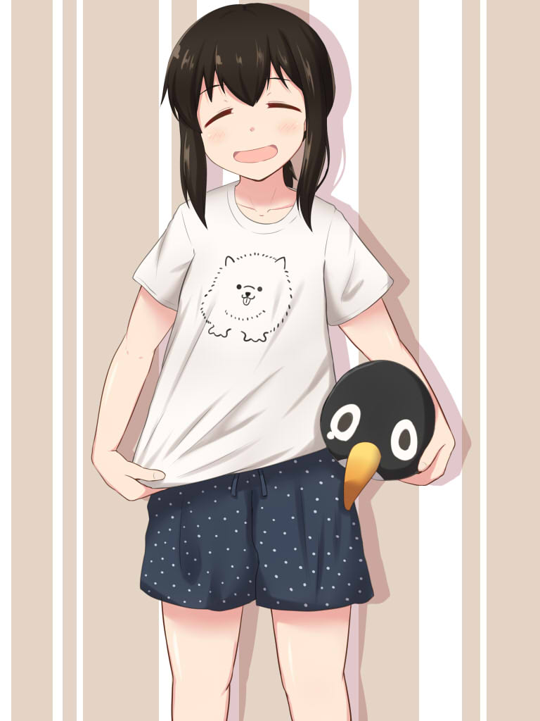 1girl :d alternate_costume black_hair casual commentary_request contemporary failure_penguin fubuki_(kantai_collection) kantai_collection long_hair looking_at_viewer low_ponytail open_mouth shirt shorts simple_background smile solo stuffed_animal stuffed_penguin stuffed_toy t-shirt yukimi_unagi