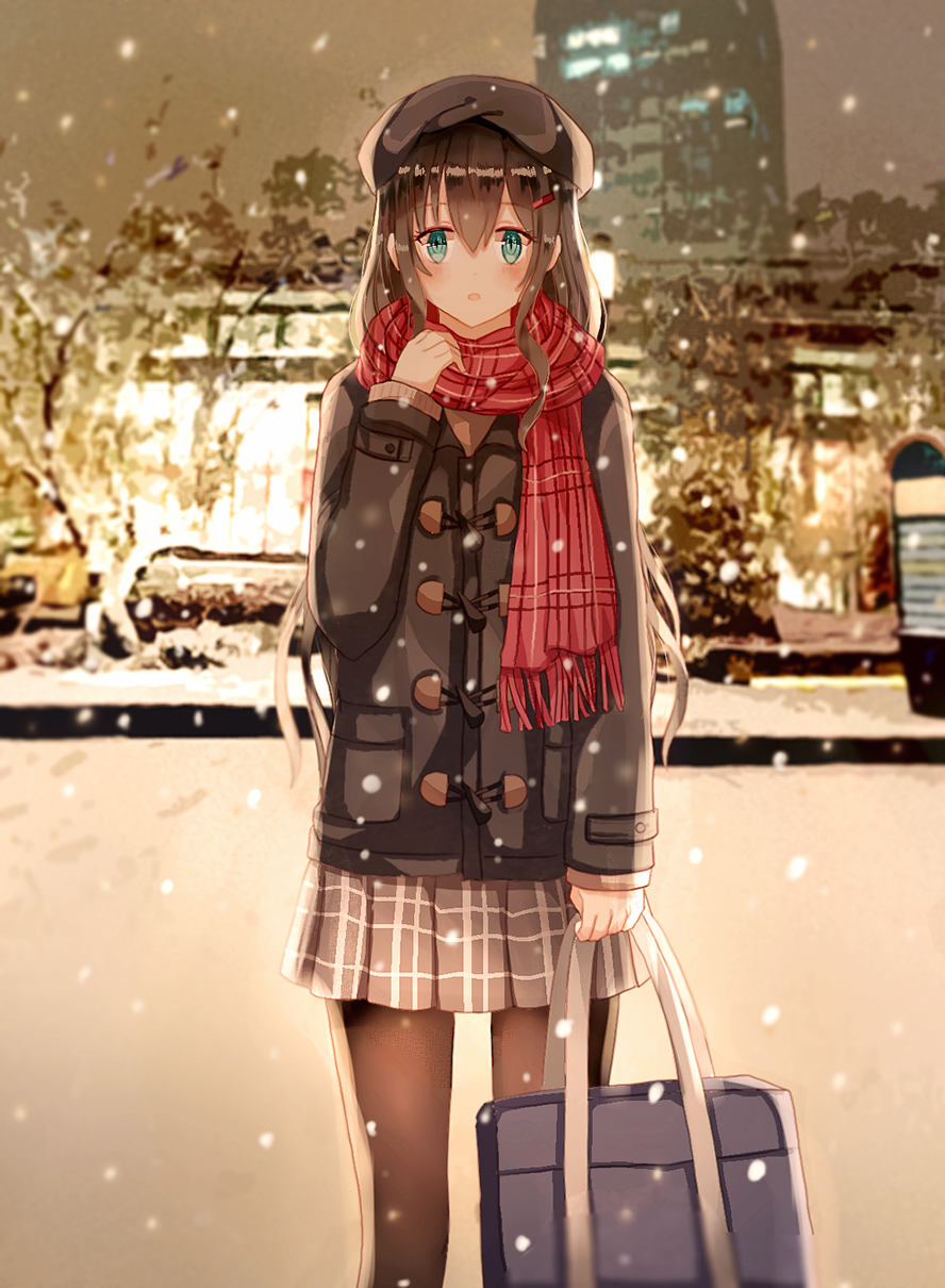 1girl bag black_hat black_legwear blush brown_hair coat duffel_bag eyebrows_visible_through_hair green_eyes grey_skirt hair_ornament hairclip hat highres iceblue long_hair long_sleeves looking_at_viewer original pantyhose parted_lips red_scarf scarf school_uniform skirt snow snowing solo standing