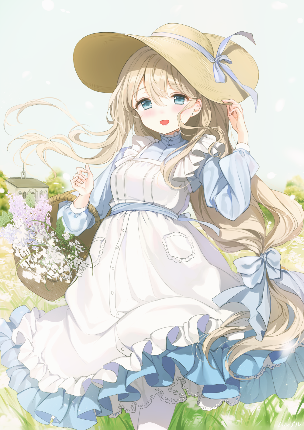 1girl :d apron bangs basket blue_bow blue_sky blush bow brown_hat building commentary_request day dress earrings eyebrows_visible_through_hair field fingernails flower frilled_apron frilled_dress frills grass green_eyes hair_between_eyes hair_bow hand_on_headwear hand_up hat highres jewelry light_brown_hair long_hair long_sleeves looking_at_viewer low-tied_long_hair mullpull open_mouth original outdoors pantyhose pink_flower puffy_long_sleeves puffy_sleeves signature sky smile solo standing sun_hat very_long_hair white_apron white_flower white_legwear