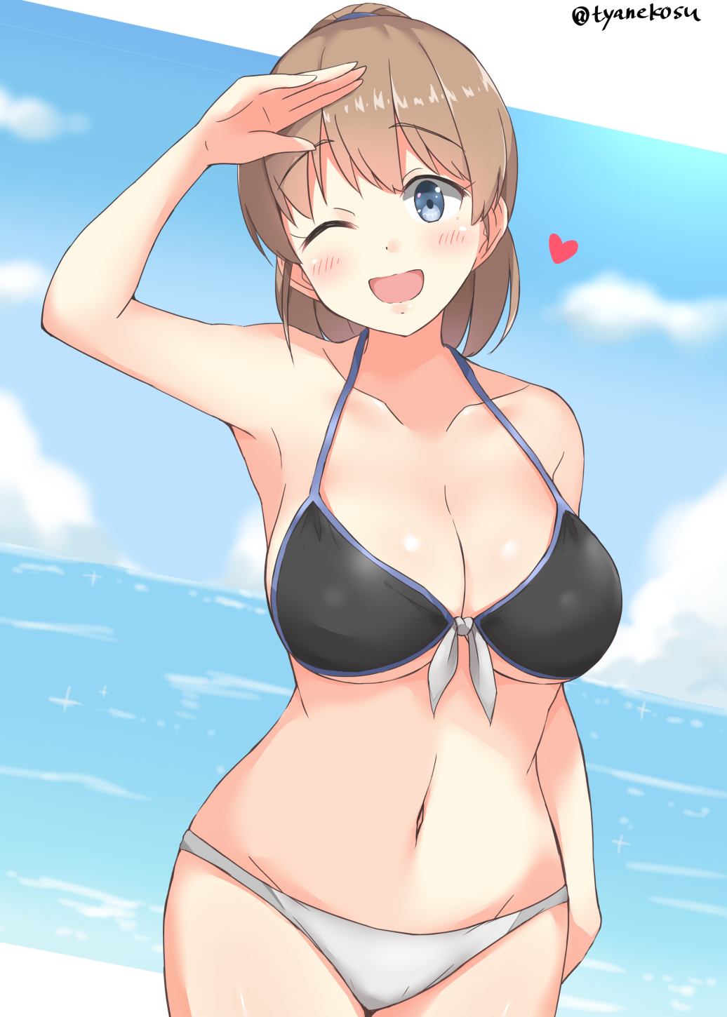 1girl alternate_costume arm_up armpits bangs bikini black_bikini blue_eyes blue_sky blush breasts brown_hair chaa_(korone-ze) cleavage clouds collarbone commentary_request cowboy_shot day eyebrows_visible_through_hair front-tie_top groin hair_between_eyes heart highres horizon intrepid_(kantai_collection) kantai_collection large_breasts looking_at_viewer navel ocean open_mouth outdoors ponytail short_hair sky smile solo standing swimsuit water white_bikini