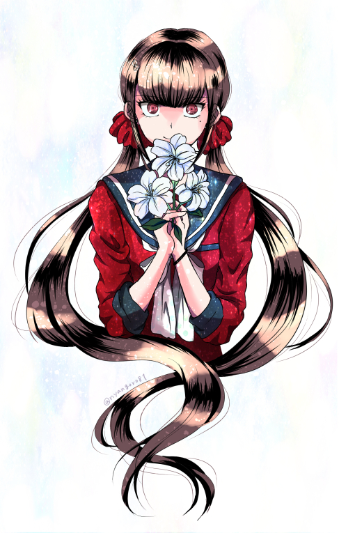 1girl bangs blunt_bangs bracelet brown_hair cropped_torso dangan_ronpa eyebrows_visible_through_hair floating_hair flower hair_ornament hair_scrunchie harukawa_maki holding holding_flower jewelry long_hair looking_at_viewer mole mole_under_eye new_dangan_ronpa_v3 nyangorobei red_eyes red_scrunchie red_shirt sailor_collar scrunchie shiny shiny_hair shirt simple_background smile solo twintails upper_body very_long_hair white_background white_flower white_neckwear