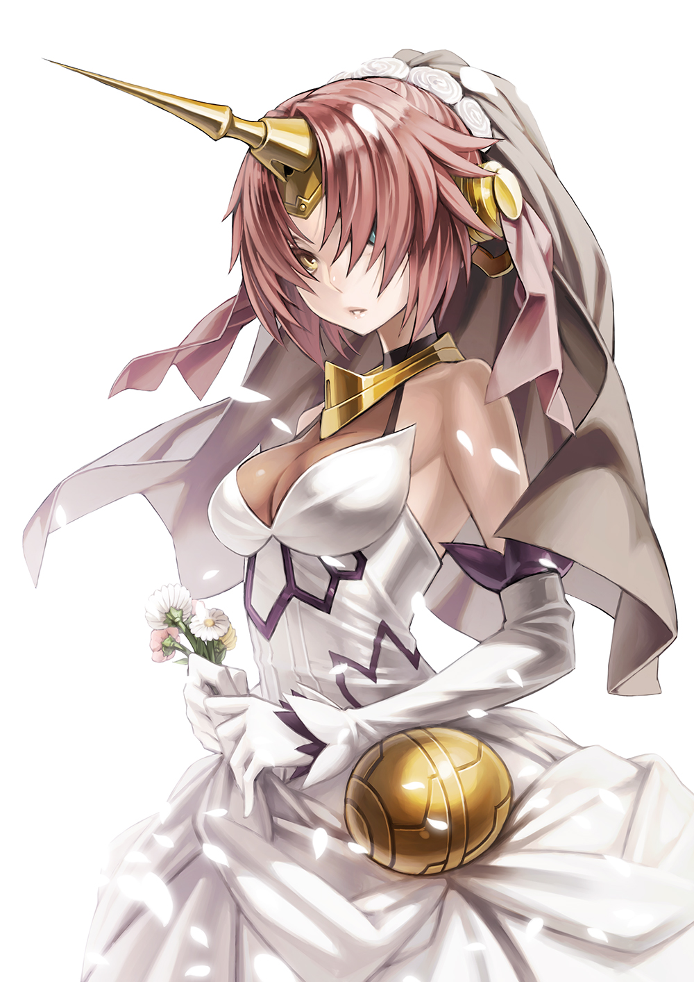 1girl blue_eyes breasts dress elbow_gloves fate/apocrypha fate/grand_order fate_(series) flower frankenstein's_monster_(fate) gloves hair_over_eyes headgear heterochromia highres holding holding_flower horn kame_(pixiv) looking_at_viewer pink_hair short_hair small_breasts solo veil wedding_dress white_dress white_gloves yellow_eyes