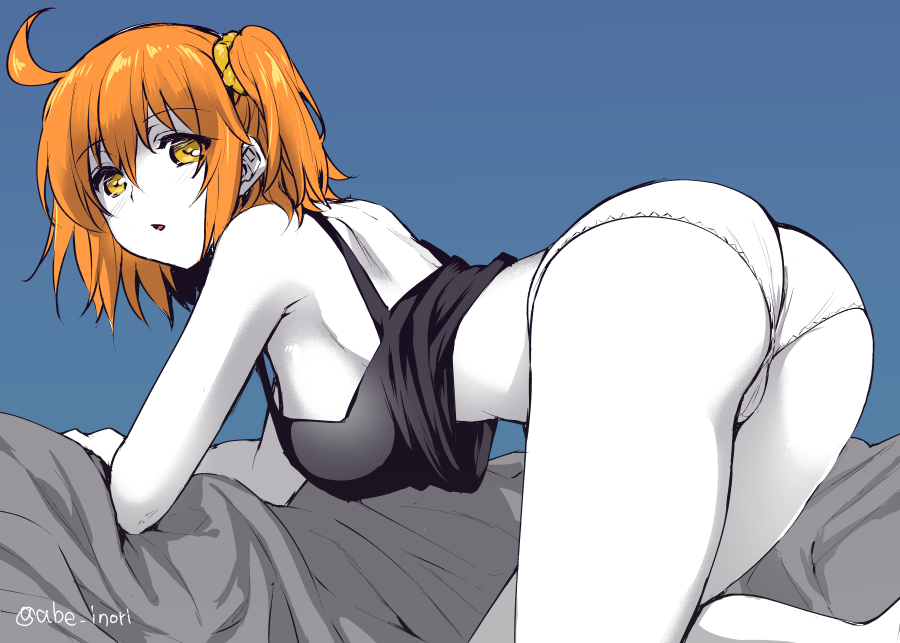 1girl abe_inori all_fours ass breasts fate/grand_order fate_(series) fujimaru_ritsuka_(female) hair_ornament hair_scrunchie looking_at_viewer medium_breasts one_side_up open_mouth orange_eyes orange_hair orange_scrunchie pale_skin panties scrunchie short_hair side_ponytail simple_background solo tank_top underwear underwear_only white_panties