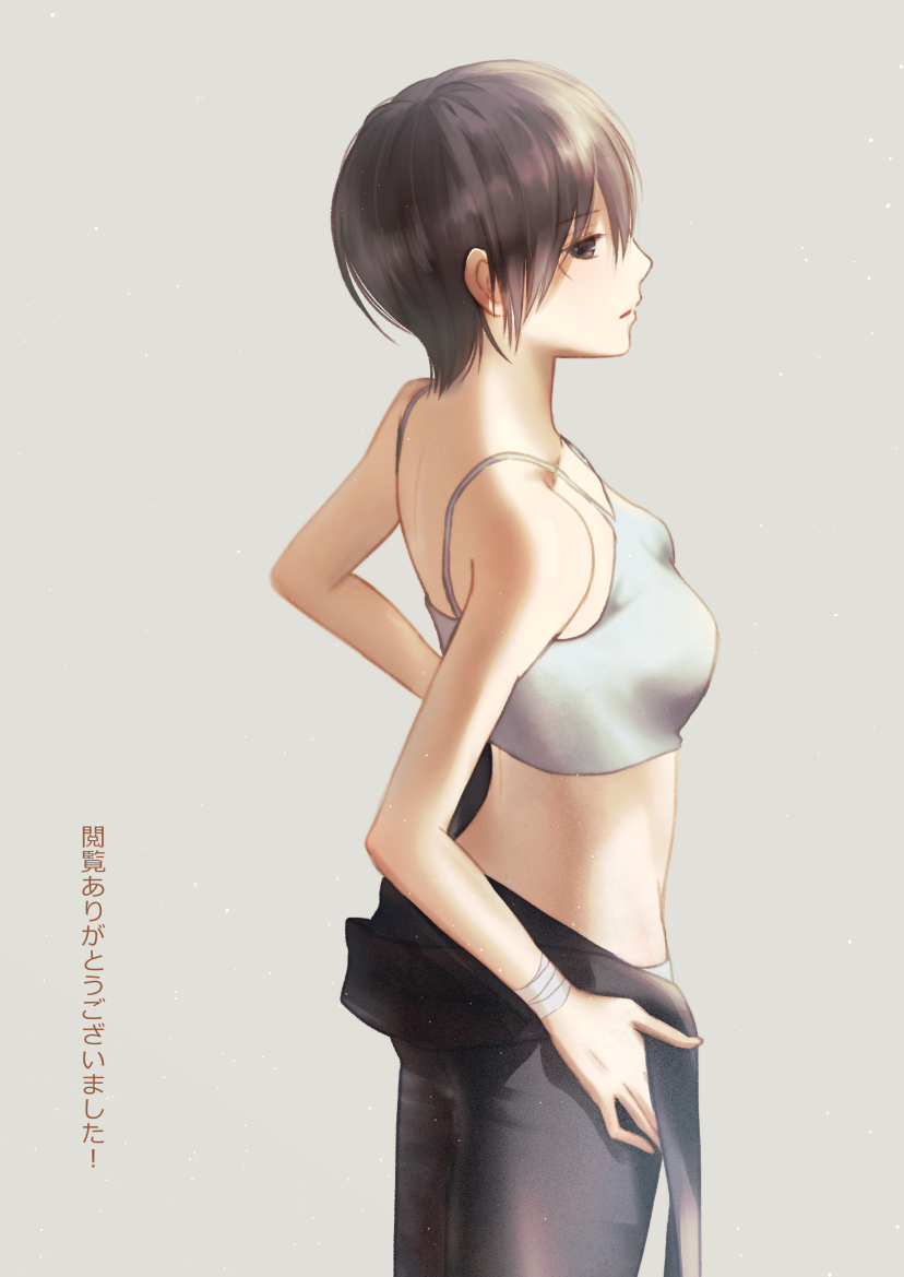 1girl black_pants breasts brown_eyes brown_hair grey_background looking_at_viewer looking_back medium_breasts mikasa_ackerman pants shingeki_no_kyojin short_hair simple_background sleeveless solo standing tomogna white_tank_top