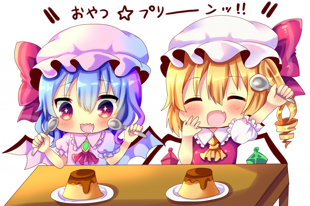 +_+ 2girls arm_above_head arms_up bat_wings blonde_hair blouse blue_hair blush brooch chibi chocolat_(momoiro_piano) closed_eyes commentary_request cravat crystal drooling eyebrows_visible_through_hair fang flandre_scarlet food hair_between_eyes hand_on_own_cheek hat hat_ribbon holding holding_spoon jewelry mob_cap multiple_girls open_mouth pink_blouse plate pudding puffy_short_sleeves puffy_sleeves red_neckwear remilia_scarlet ribbon short_hair short_sleeves siblings side_ponytail simple_background sisters smile spoon table touhou translated upper_body white_background wings yellow_neckwear