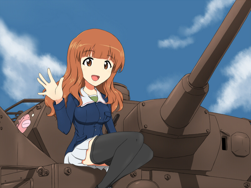 1girl black_legwear brown_eyes clouds day girls_und_panzer ground_vehicle kinpira_gobou long_hair military military_vehicle miniskirt motor_vehicle ooarai_military_uniform orange_hair panzerkampfwagen_iv shirt skirt sky takebe_saori tank white_skirt