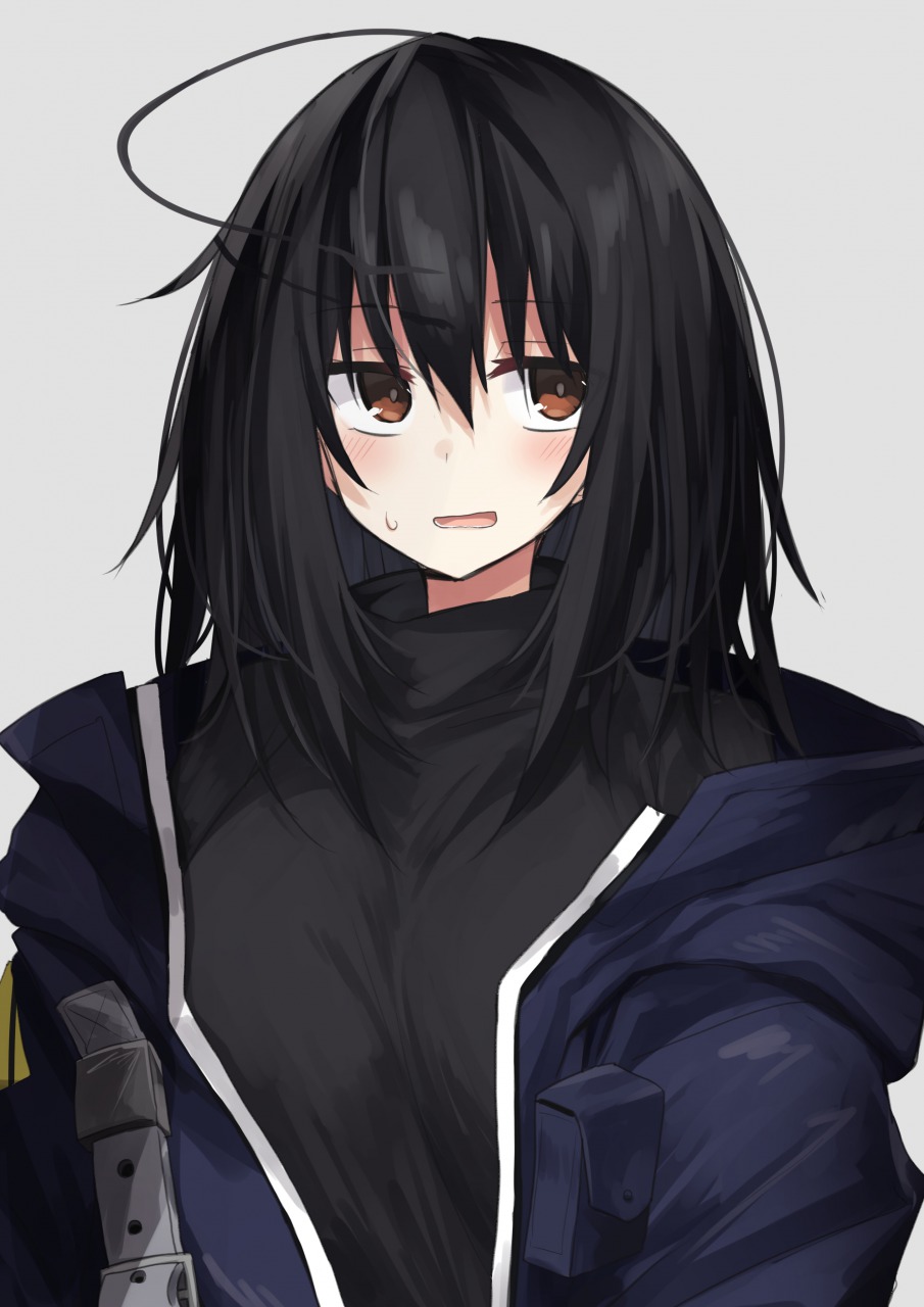 1girl abarabone ahoge black_hair blush brown_eyes commentary highres jacket medium_hair original simple_background solo sweatdrop turtleneck upper_body