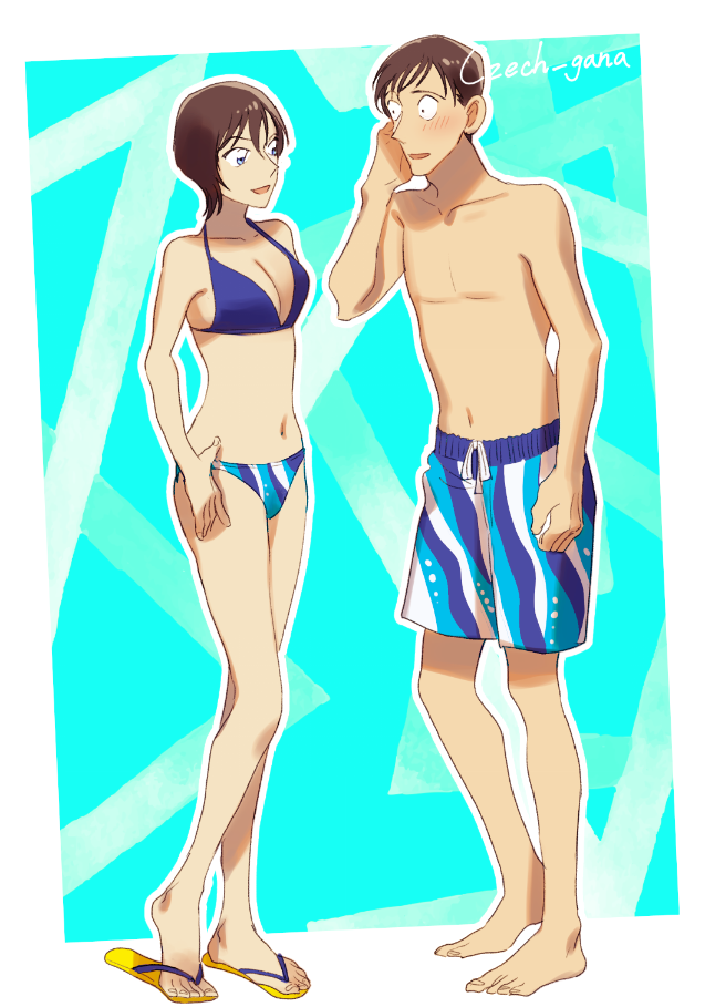 1boy 1girl :d artist_name barefoot bikini blue_bikini blue_eyes blush breasts brown_hair character_request cleavage couple czech_gana eye_contact full_body hair_between_eyes looking_at_another medium_breasts meitantei_conan navel open_mouth short_hair smile standing swimsuit swimwear