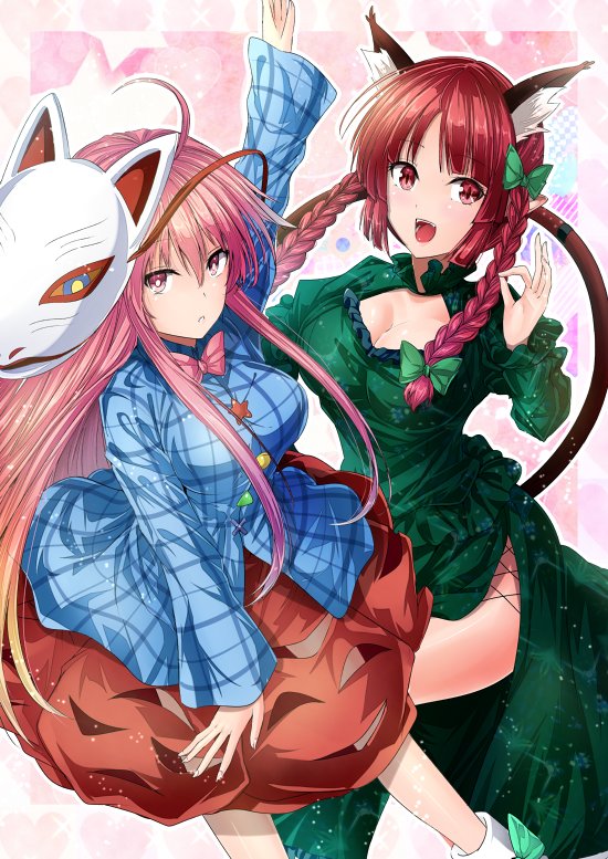 2girls :d ahoge animal_ear_fluff animal_ears arm_up bangs blue_shirt blush bow bowtie braid breasts cat_ears cat_tail cleavage commentary_request dress eyebrows_visible_through_hair feet_out_of_frame fox_mask frills green_bow green_dress hair_bow hand_up hata_no_kokoro heart heart_background juliet_sleeves kaenbyou_rin large_breasts long_hair long_sleeves looking_at_viewer mask mask_on_head multiple_girls multiple_tails nekomata ok_sign open_mouth orange_skirt parted_lips pink_background pink_bow pink_eyes pink_hair pink_neckwear plaid plaid_shirt puffy_sleeves shirt side_slit sidelocks skirt smile sock_bow socks star tail thighs touhou twin_braids twintails two_tails very_long_hair white_legwear y2