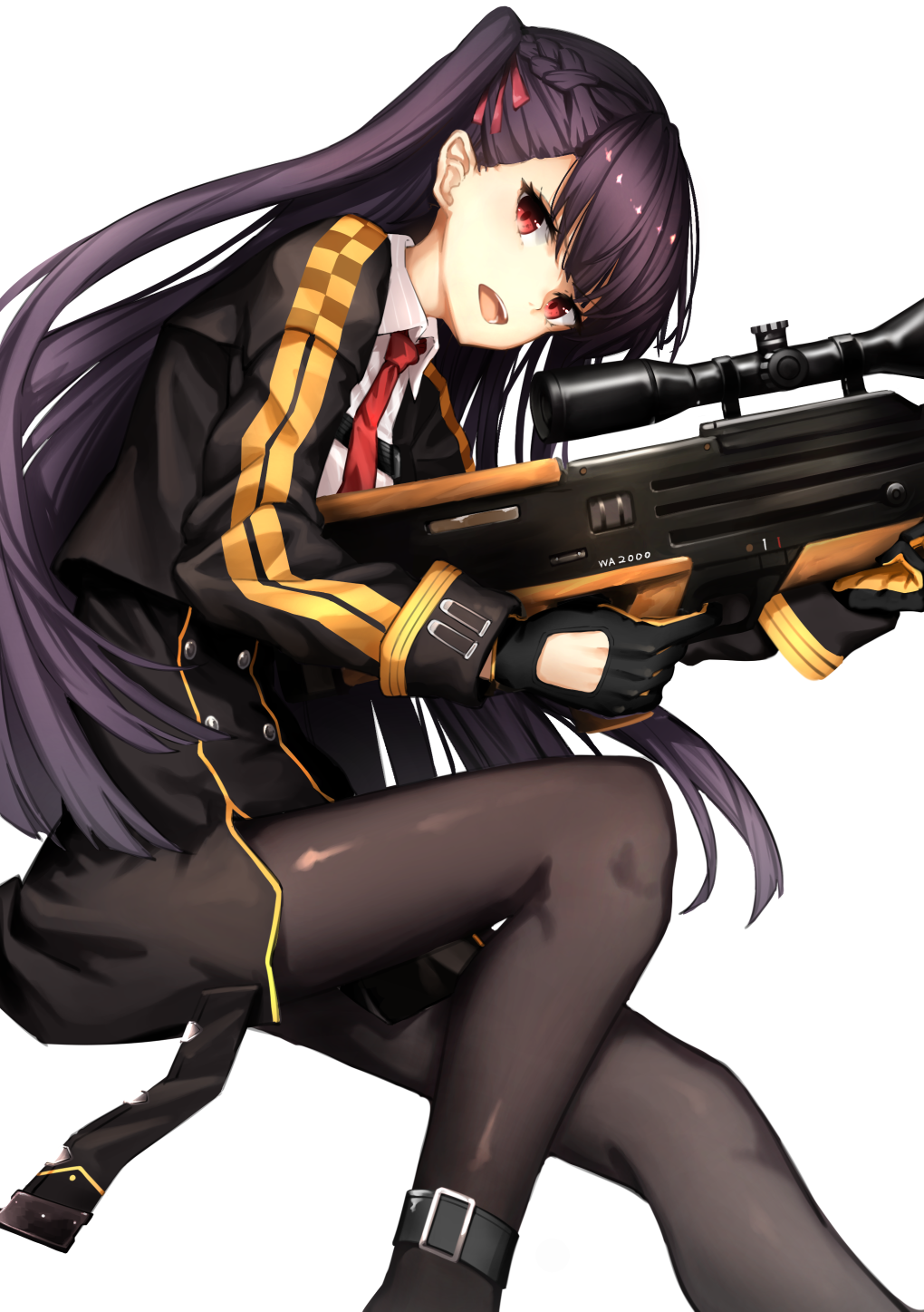 1girl ankle_strap bangs bipod black_footwear black_legwear black_skirt blazer blush braid breasts bullpup collared_shirt double-breasted eyebrows_visible_through_hair french_braid girls_frontline gloves gun hair_ribbon half_updo high-waist_skirt highres holding holding_gun holding_weapon jacket knee_up large_breasts long_hair looking_at_viewer necktie one_side_up open_mouth pantyhose pelvic_curtain purple_hair red_eyes red_neckwear red_ribbon ribbon rifle rusi shirt simple_background skirt smile sniper_rifle solo tsurime very_long_hair wa2000_(girls_frontline) walther walther_wa_2000 weapon white_background