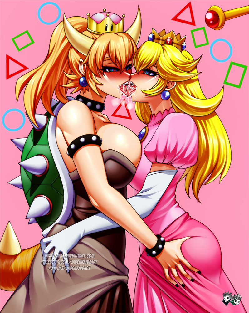 2girls ass_grab asymmetrical_docking black_dress black_nails blonde_hair bowsette breast_press breasts brooch commission crown dress elbow_gloves eye_contact french_kiss gloves horns jadenkaiba jewelry kiss large_breasts long_hair looking_at_another super_mario_bros. mini_crown multiple_girls nail_polish new_super_mario_bros._u_deluxe nintendo pink_background pink_dress pointy_ears princess_peach puffy_short_sleeves puffy_sleeves saliva short_sleeves spiked_shell spiked_tail strapless strapless_dress studded_armlet studded_bracelet studded_choker super_crown super_mario_bros. tail tongue tongue_out turtle_shell wand white_gloves yuri