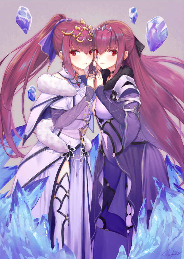 2girls alternate_hairstyle bangs boots breasts crystal dress dual_persona fate/grand_order fate_(series) fur_trim grey_background gurifu hair_between_eyes hand_on_another's_face interlocked_fingers jewelry long_hair long_sleeves looking_at_viewer multiple_girls pink_dress ponytail purple_dress purple_hair red_eyes scathach_(fate)_(all) scathach_skadi_(fate/grand_order) smile thigh-highs thigh_boots tiara