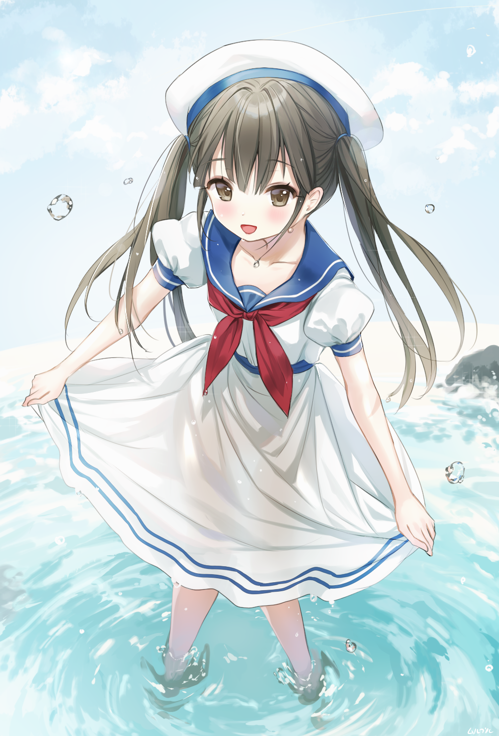 1girl :d bangs beret blue_sailor_collar blue_sky blush brown_eyes brown_hair clouds cloudy_sky collarbone commentary_request day dress eyebrows_visible_through_hair hair_between_eyes hat highres horizon leaning_forward long_hair looking_at_viewer mullpull neckerchief ocean open_mouth original outdoors puffy_short_sleeves puffy_sleeves red_neckwear sailor_collar sailor_dress see-through_silhouette short_sleeves sidelocks sky smile solo standing twintails very_long_hair wading water water_drop wet wet_clothes wet_dress white_dress white_hat