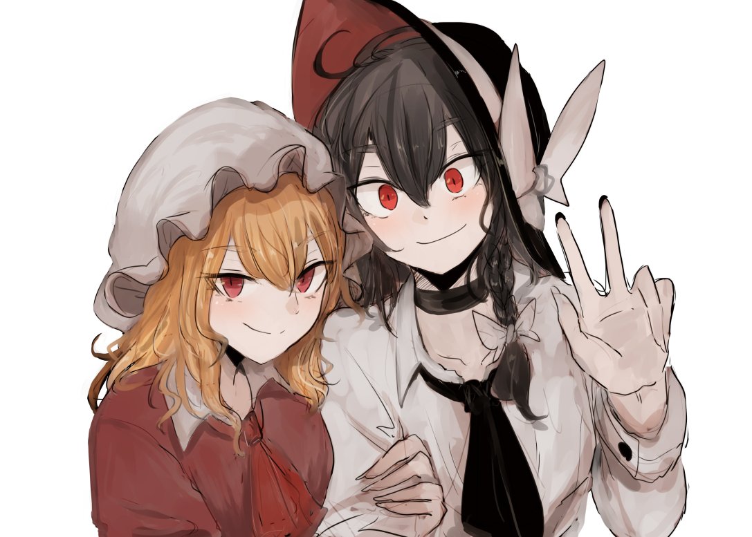 2girls bangs bow braid eyebrows_visible_through_hair hand_on_another's_arm hat looking_at_viewer maribel_hearn mob_cap multiple_girls ne_kuro red_eyes simple_background smile touhou usami_renko w white_background