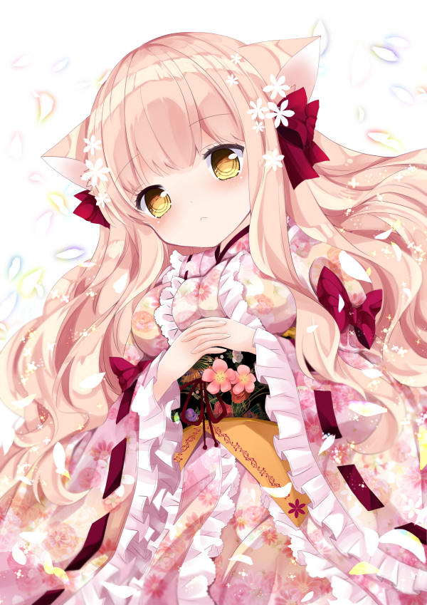 1girl animal_ears blush bow breasts brown_eyes cat_ears center_frills closed_mouth commentary_request floral_print flower frilled_sleeves frills hair_bow hair_flower hair_ornament interlocked_fingers japanese_clothes kimono large_breasts light_brown_hair long_hair long_sleeves looking_at_viewer nanase_kureha nanase_nao obi original own_hands_together petals pink_kimono print_kimono red_bow ribbon-trimmed_sleeves ribbon_trim sash simple_background solo upper_body very_long_hair white_background white_flower wide_sleeves