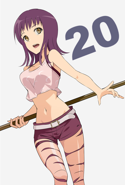 1girl :d breasts collarbone groin holding holding_weapon itsuwa jack-barro long_hair looking_at_viewer medium_breasts midriff navel open_mouth pink_tank_top polearm purple_hair purple_shorts shiny shiny_skin short_shorts shorts simple_background smile solo standing stomach to_aru_majutsu_no_index weapon white_background yellow_eyes