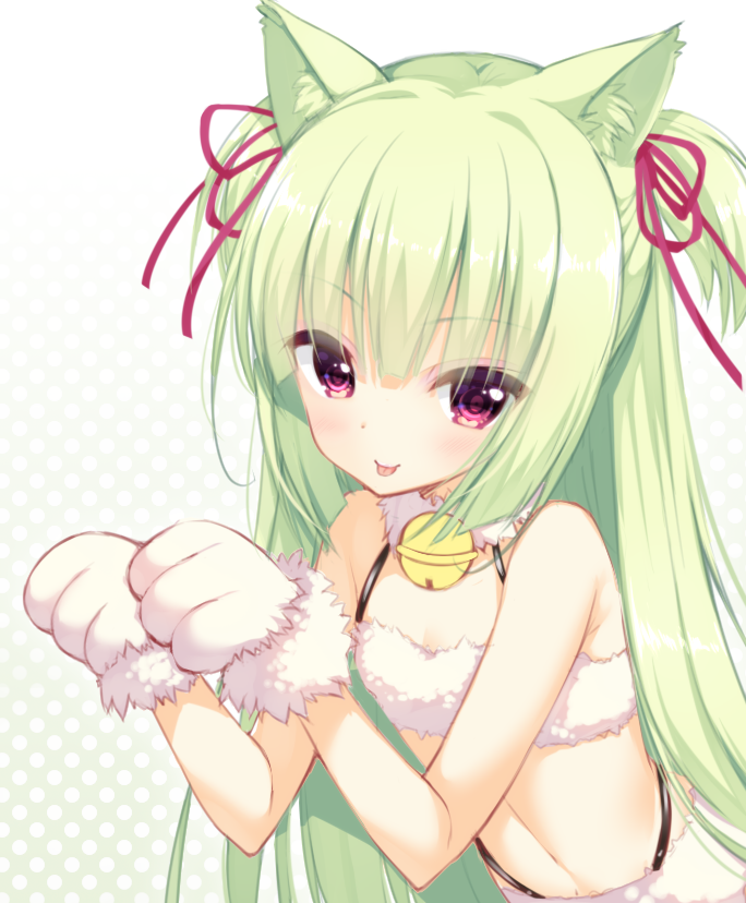 1girl animal_ears bell blush cariboy cat_ears flat_chest gloves graphite_(medium) green_hair hair_ribbon jingle_bell long_hair looking_at_viewer navel paw_gloves paw_pose paws red_eyes ribbon senren_banka smile solo tongue tongue_out traditional_media